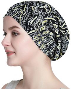 Frizzy Curly Hair Satin Lined Cap (Black Floral)